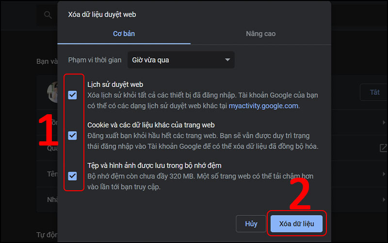 Chọn các phần bạn muốn xóa > Chọn Xóa dữ liệu.